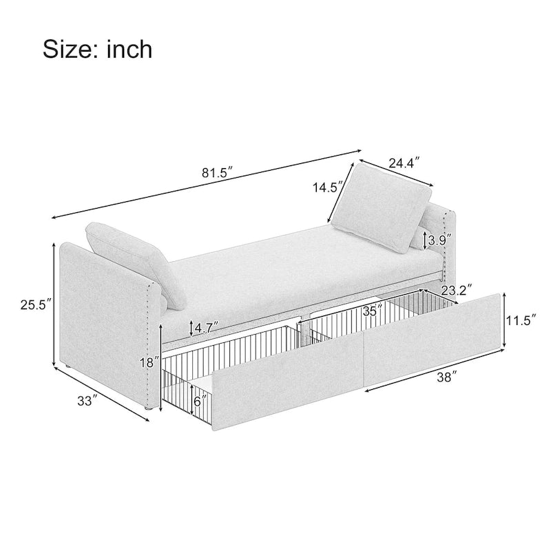 Modern Linen Chaise Lounger Daybed with 2 Storage Drawers Gray