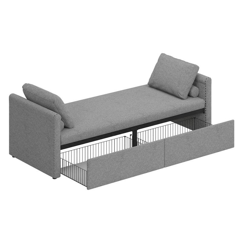 Modern Linen Chaise Lounger Daybed with 2 Storage Drawers Gray