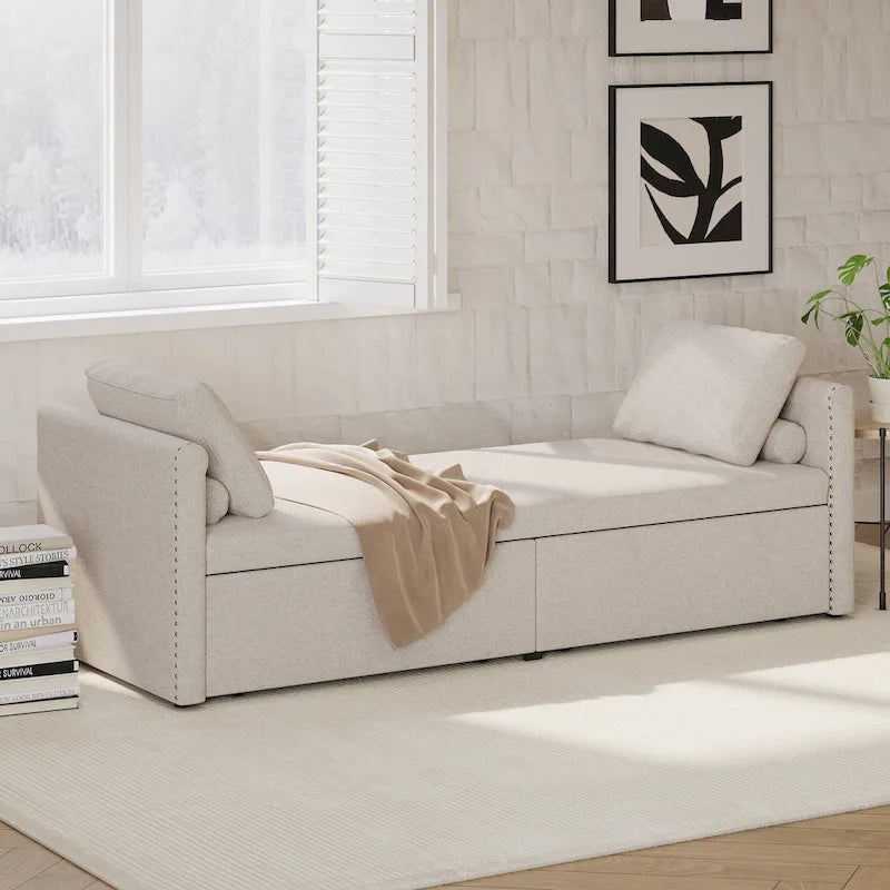 Modern Linen Chaise Lounger Daybed with 2 Storage Drawers Gray