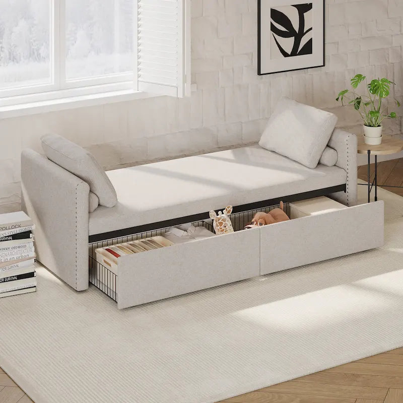 Modern Linen Chaise Lounger Daybed with 2 Storage Drawers Gray