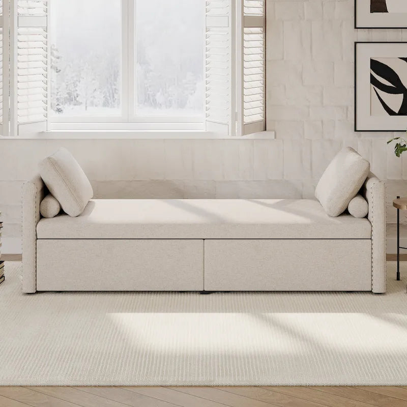 Modern Linen Chaise Lounger Daybed with 2 Storage Drawers Gray