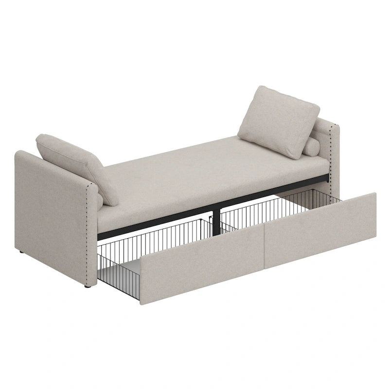 Modern Linen Chaise Lounger Daybed with 2 Storage Drawers Gray