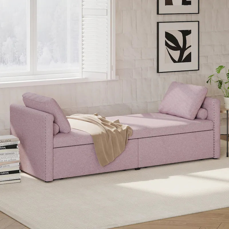 Modern Linen Chaise Lounger Daybed with 2 Storage Drawers Gray