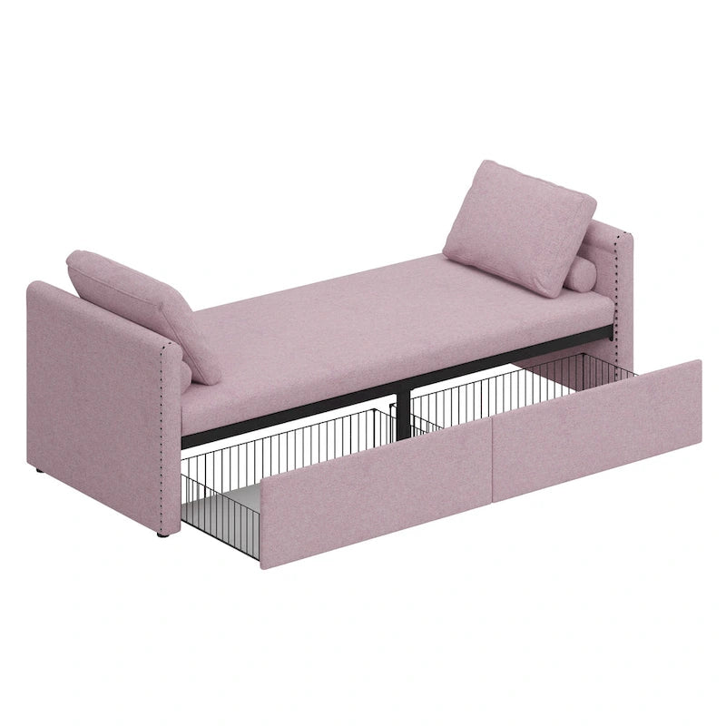 Modern Linen Chaise Lounger Daybed with 2 Storage Drawers Gray