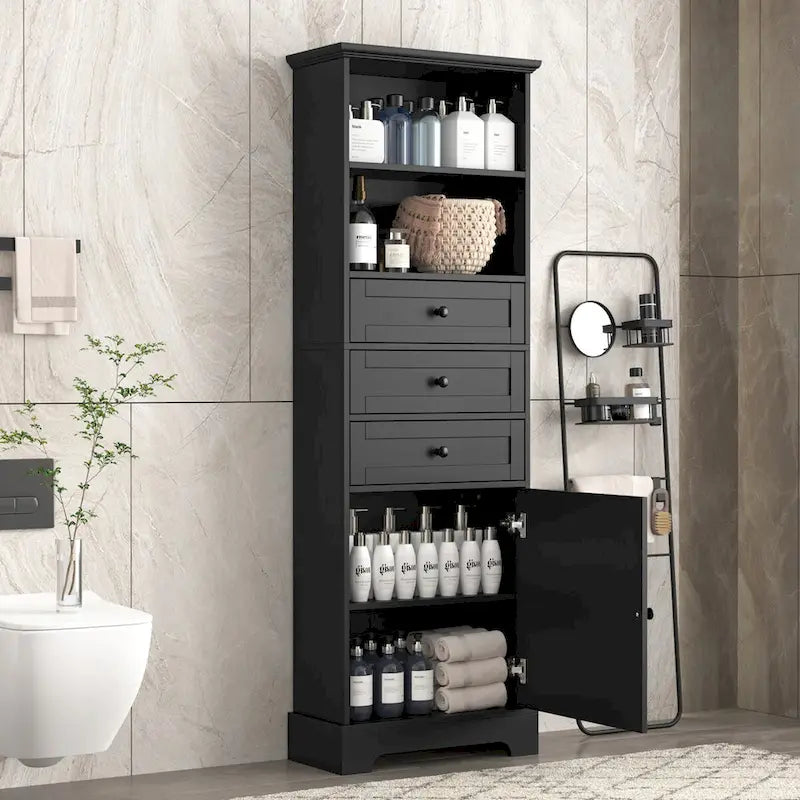 Black Tall Storage Cabinet with 3 Drawers and Adjustable Shelves for Bathroom,Study,Office and Interior