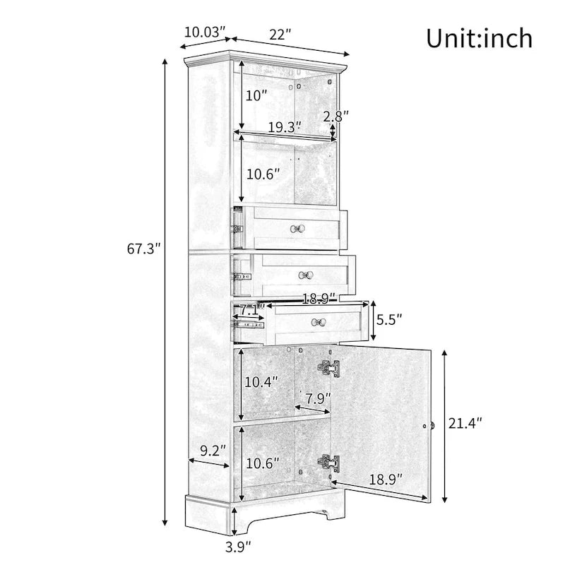 Black Tall Storage Cabinet with 3 Drawers and Adjustable Shelves for Bathroom,Study,Office and Interior